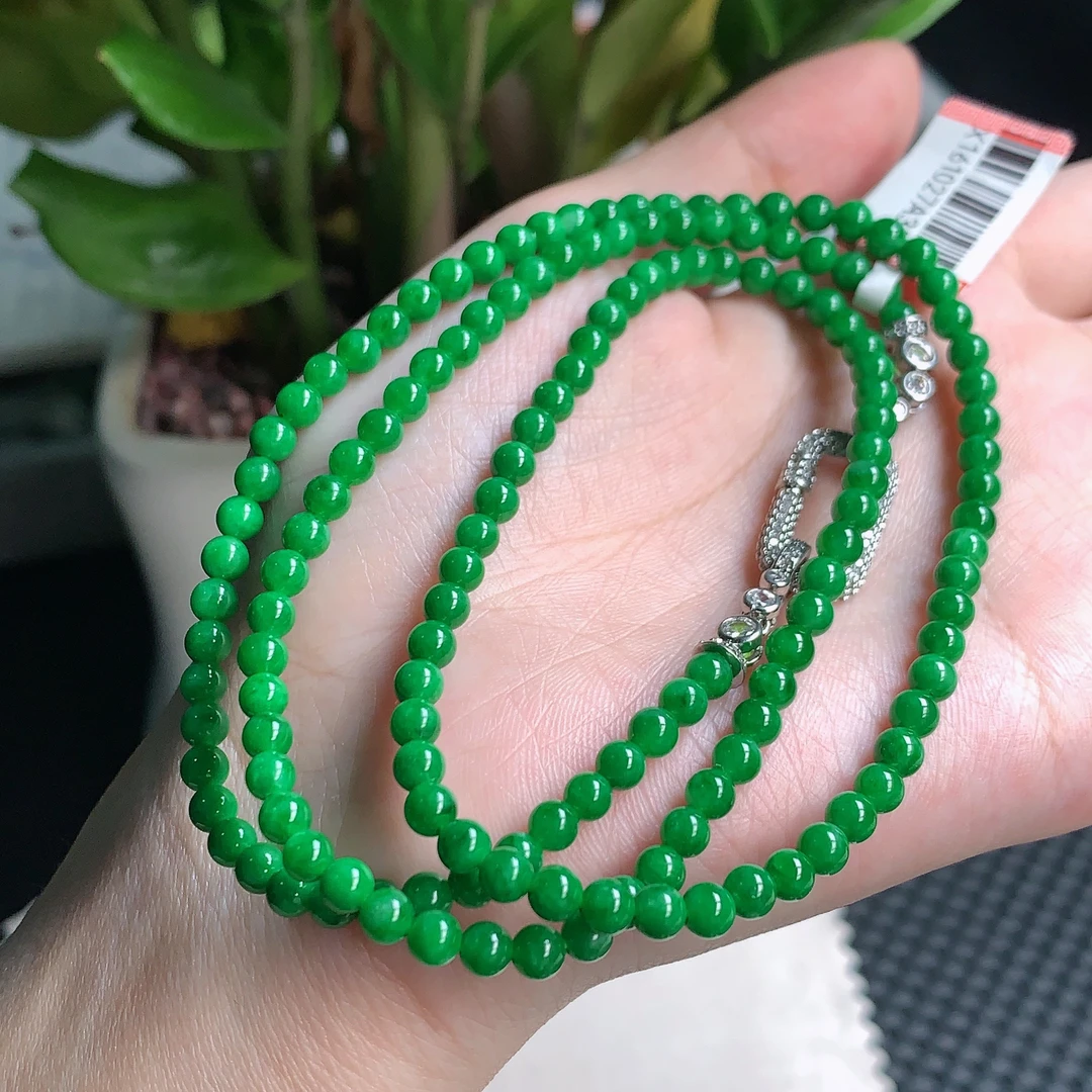 年底清仓缅甸天然A翡翠，冰润满绿小米珠项链4.1mm1231