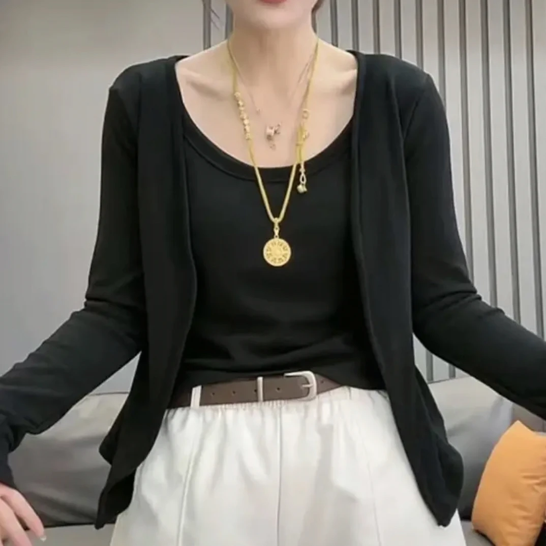 慕斯棉开衫假两件设计感纯色长袖T恤女显瘦气质减龄打底上衣潮