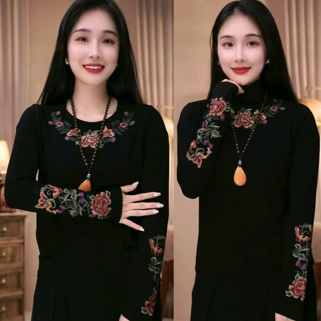 引卷蝴蝶牡丹花新款民族风女装打底衫上衣重工刺绣长袖