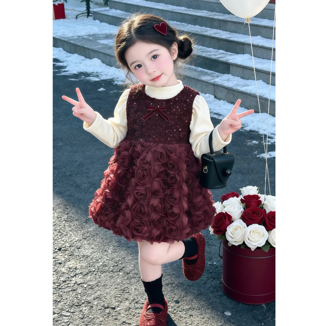 女童连衣裙加绒冬季2026新款小女孩洋气背心裙子两件套宝宝新年服
