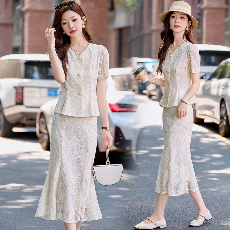 小香风名媛蕾丝套装裙女2025夏季新款复古修身显瘦鱼尾包臀连衣裙