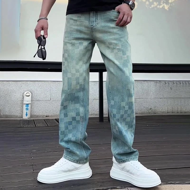 轻奢男装大码秋冬男士2025年新款时尚宽松棋盘格浅蓝色休闲长裤