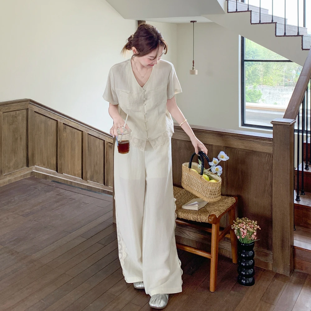 韩系蕾丝拼接时尚纯色套装女2025夏季新款慵懒风减龄阔腿裤两件套