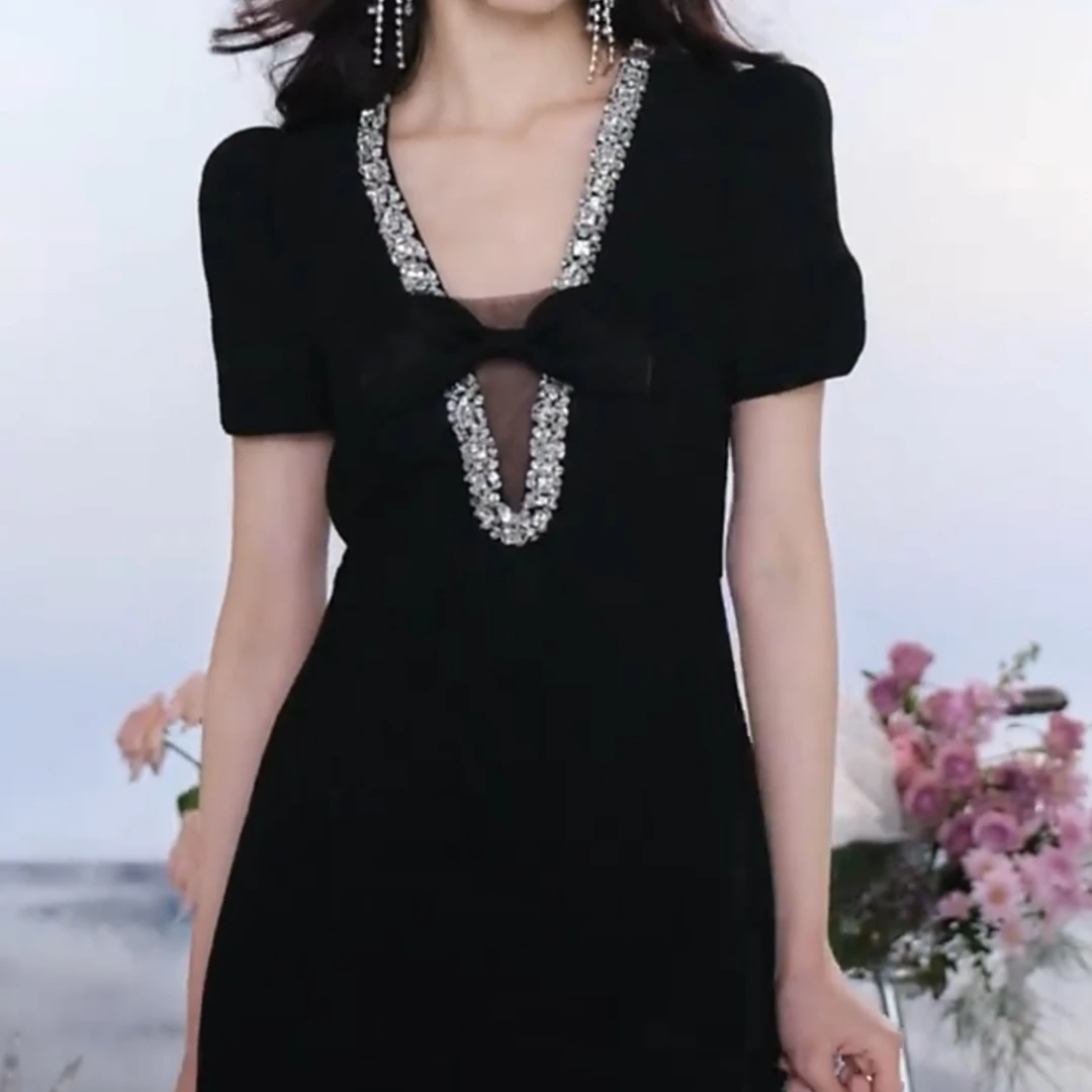 镂空名媛套头裙子连衣裙显瘦气质纯色蕾丝轻奢短袖裙女装短裙