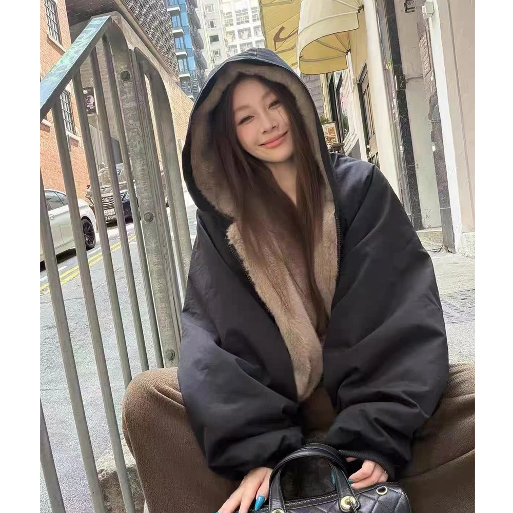 双面穿美式复古座山雕棉服女短款宽松连帽防寒服保暖厚实夹克外套