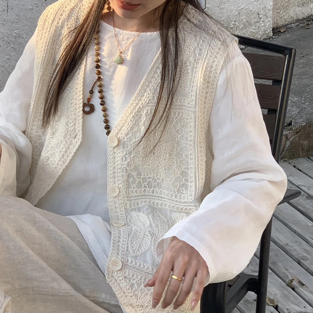 YILE·【枝棉】原版定制春夏款提花刺绣苎麻马甲文艺复古风