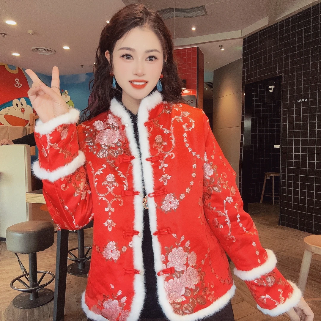 【红梅】新中式气质复古立领手工扣加绒加厚织锦常规款长袖上衣XZY
