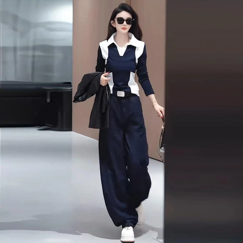 2025春秋季新款女士欧货洋气拼色翻领卫衣宽松百搭阔腿裤两件套装