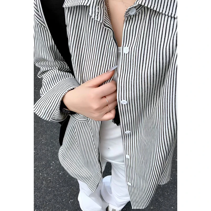 条纹长袖衬衫男女春秋季ns帅气复古翻领衬衣宽松休闲百搭寸衫外套