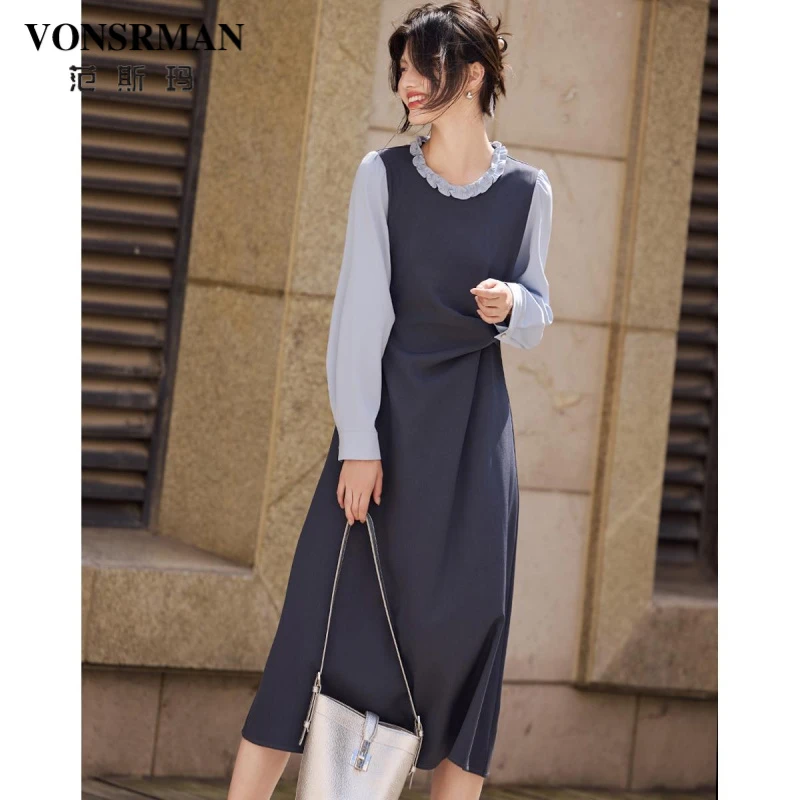 复古花边领收腰连衣裙女早秋2025新款时尚假两件拼接赫本风a字裙