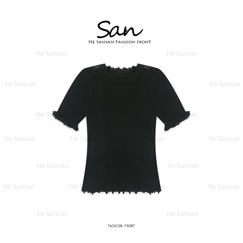 【SANSAN】气质镂空轻奢百搭套头花边减龄显瘦短袖上衣DY-90236