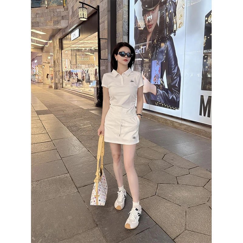 夏季新款炸街休闲百搭时髦洋气polo领短袖上衣高腰a字半身裙短裙