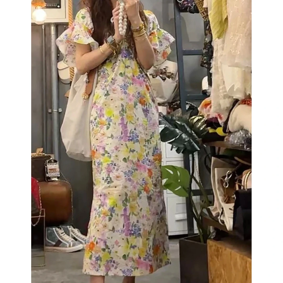 2025新款/素拉那里定制韩系田园风碎花V领开叉荷叶袖显瘦连衣裙