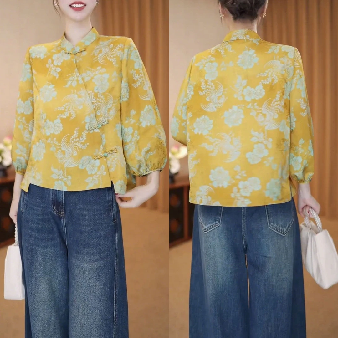 2025秋冬季新款长袖气质国风上衣宽松复古优雅立领印花拼色打底衫