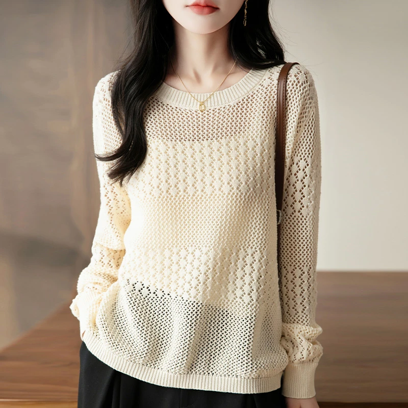 品牌2025新款秋季新款圆领针织镂空长袖通勤百搭T恤纯色棉上衣