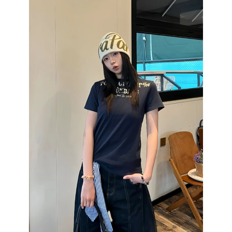 Material美式字母印花正肩短袖T恤女修身显瘦潮牌ins复古辣妹上衣