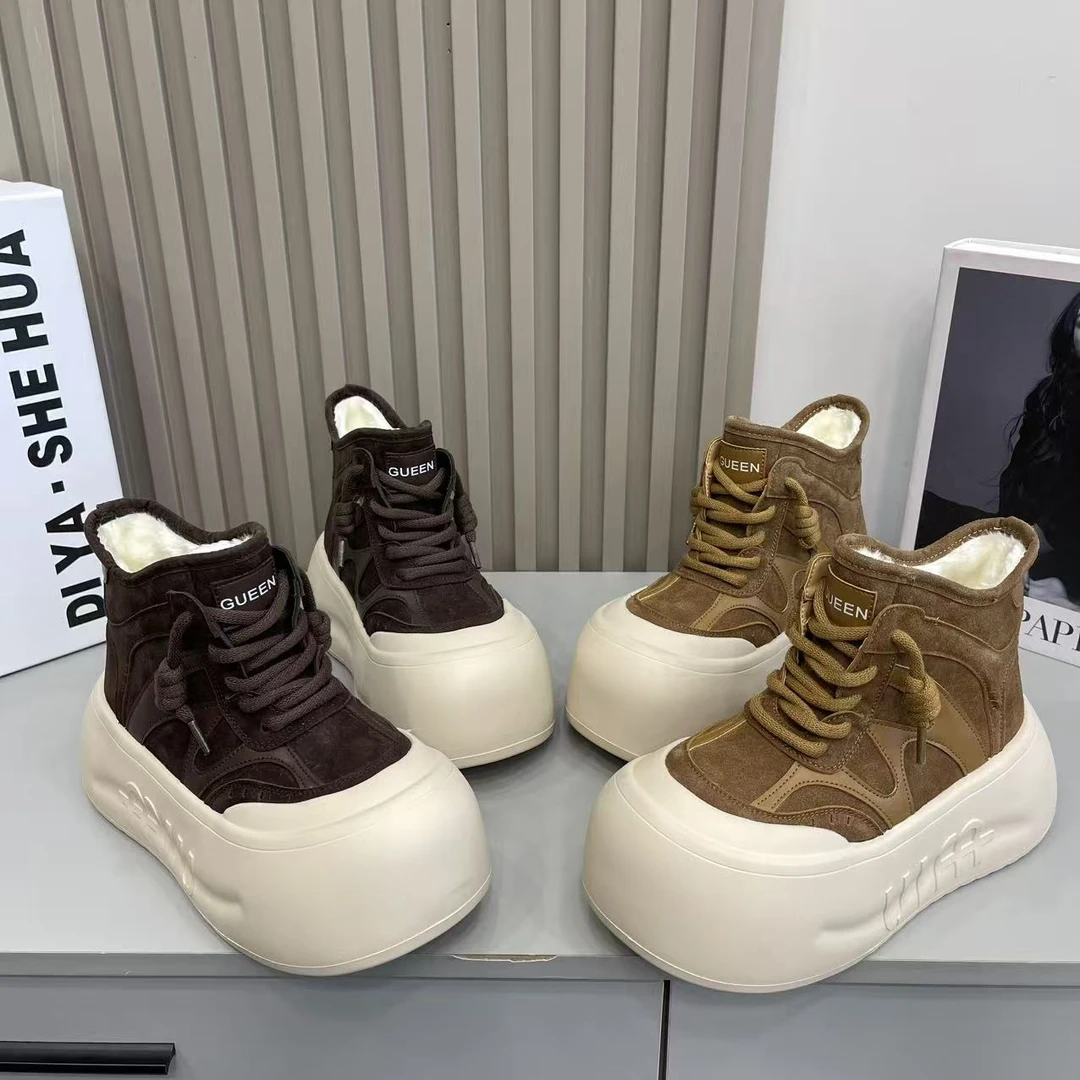 欧货磨砂皮时尚大头丑萌面包鞋厚底松糕加绒高帮鞋小个子7cm女鞋