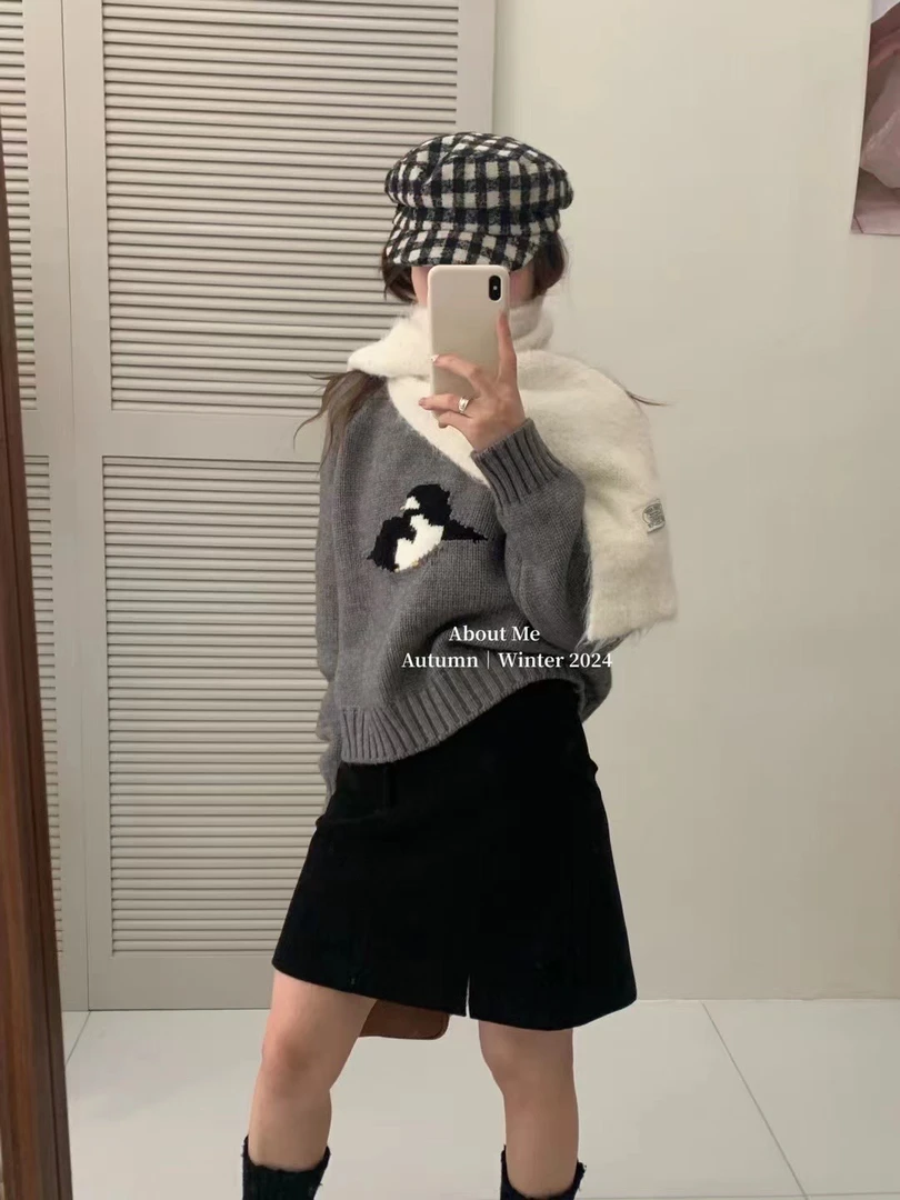 针织企鹅套头长袖毛衣上衣开衫慵懒风百搭宽松圆领