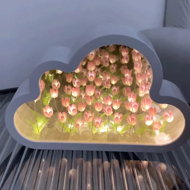 云朵镜子郁金香花海小夜灯DIY手工制作生日礼物送女生闺蜜有意义
