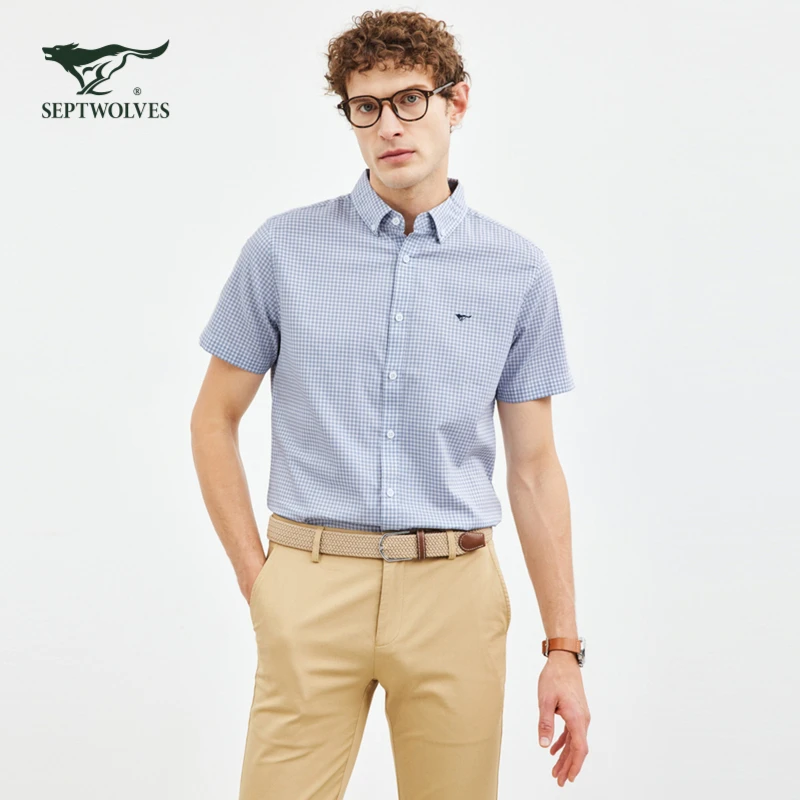 【时尚格纹】七匹狼男装立领休闲衬衫2025夏季新款透气亲肤百搭短袖
