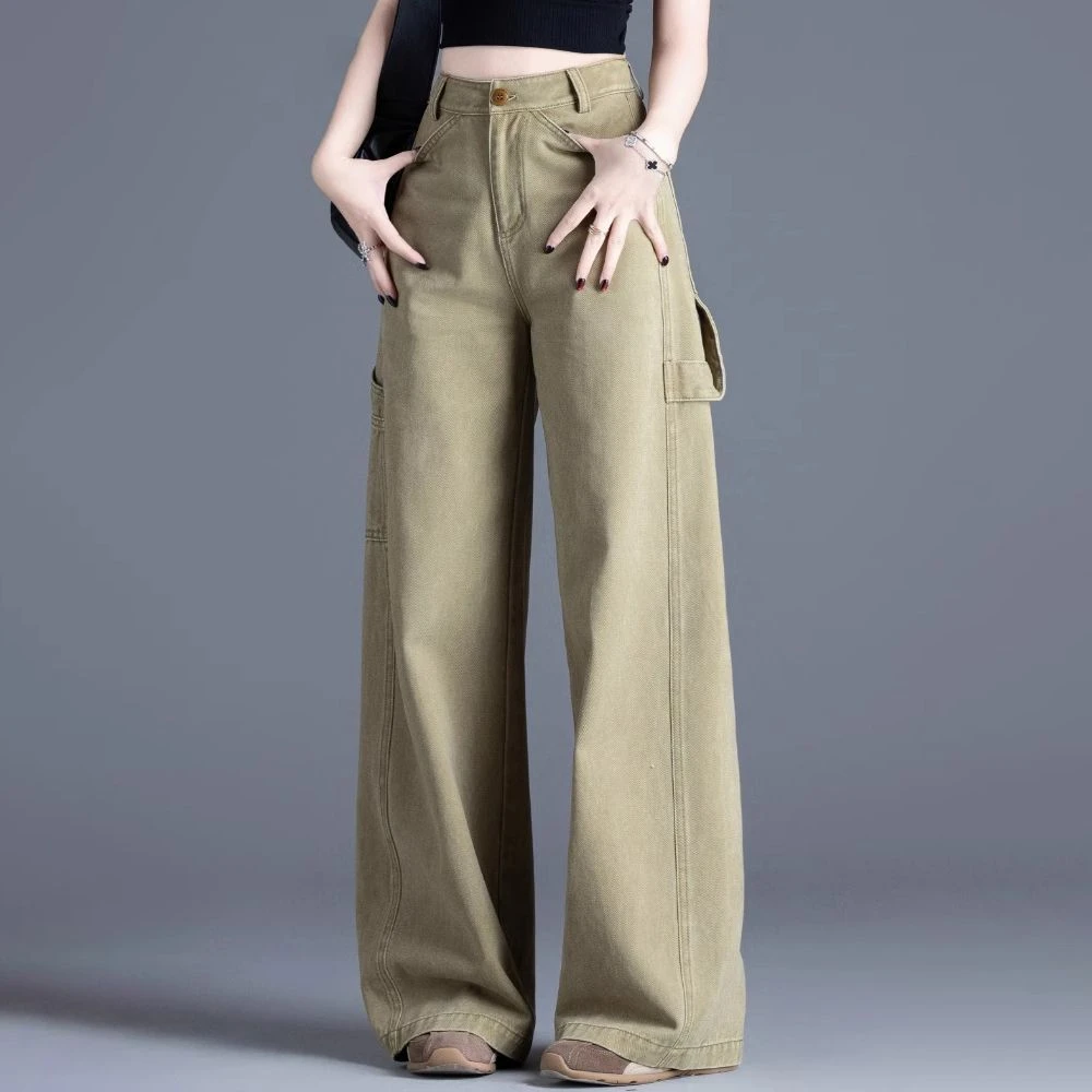 美式复古卡其工装牛仔裤女秋冬新款高腰宽松显瘦直筒裤拖地长裤子