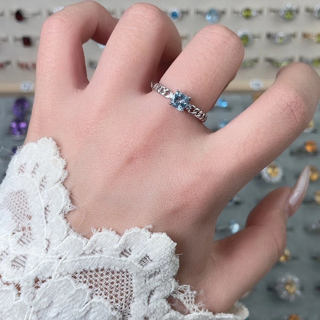 戒指托帕石银S925镶嵌设计款小方糖