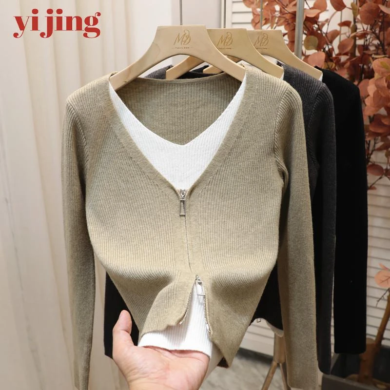 双拉链V领针织开衫外套短款假两件上衣女春秋款时尚洋气内搭上衣