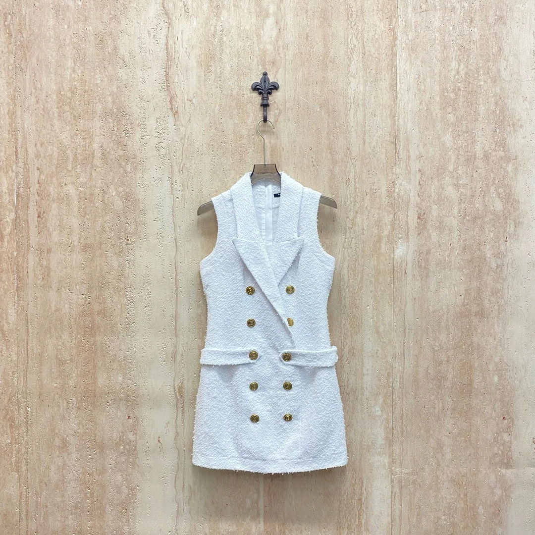 99新 BALMAIN/巴尔曼 白色双排金扣粗花呢西装马甲/40码/32734