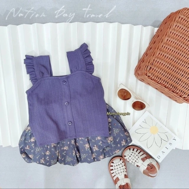 女童背心套装2023新款洋气飞袖上衣吊带短款花苞裤两件套碎花韩版