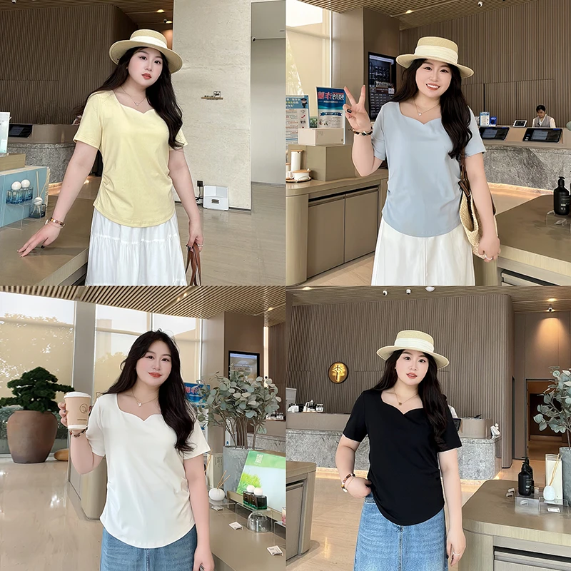 大码女装正肩短袖T恤2025夏季新款纯色褶皱收腰上衣222455