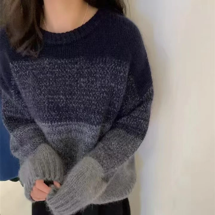 【渐变色圆领】早春软糯渐变色宽松慵懒风圆领针织毛衣套头8015