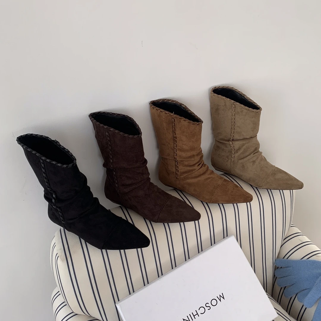 168-10秋冬尖头森系内增高中筒靴坡跟秋季休闲风显瘦复古短靴防滑