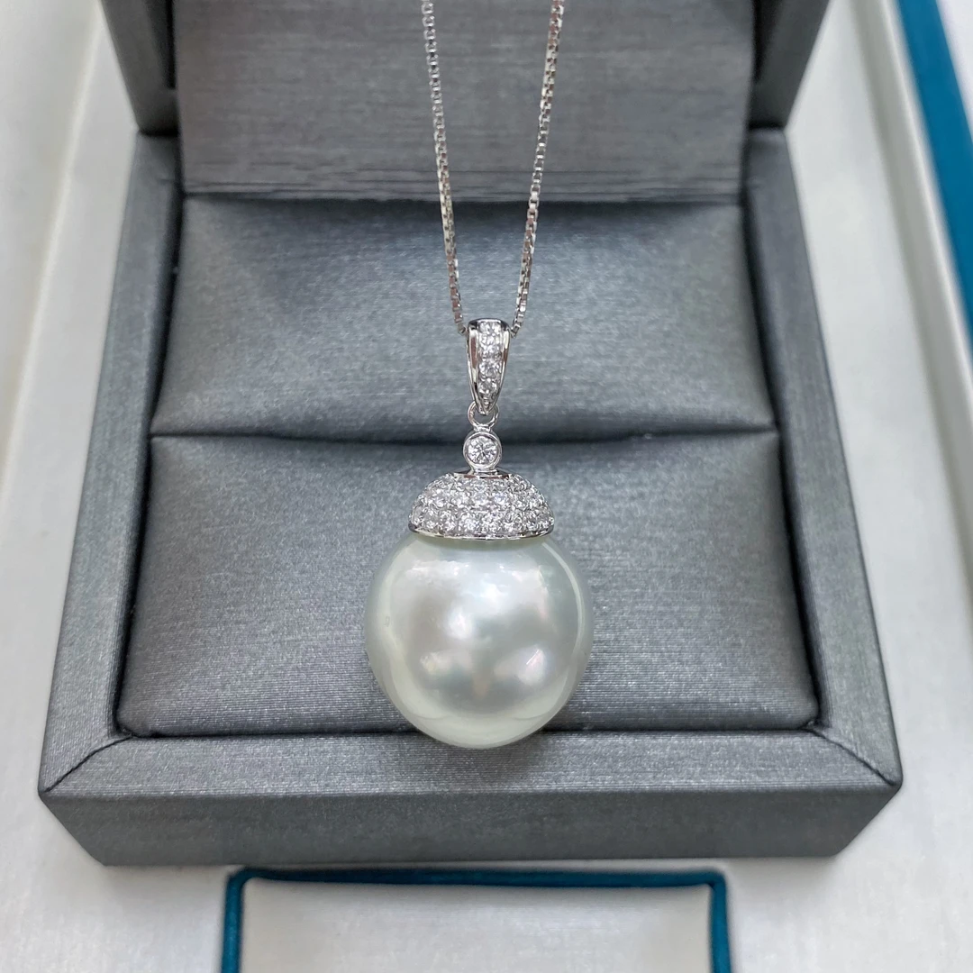 松果15-16mm澳白吊坠近正圆高品质澳洲海水珍珠南洋白珠项链k金