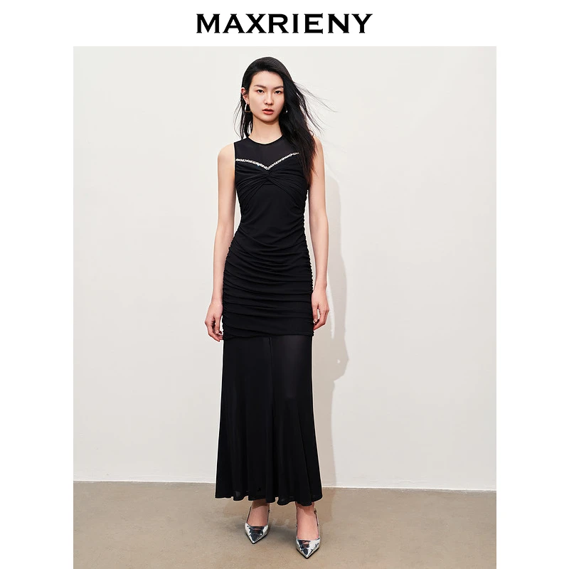 MAXRIENY华丽优雅感钉珠网纱连衣裙修身高级气质感女装修身