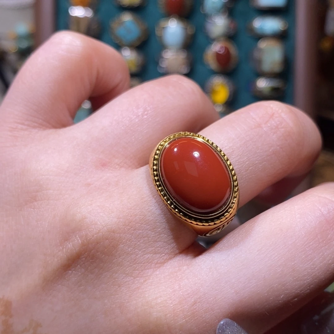 南红玛瑙银S925镀金镶嵌戒指戒指