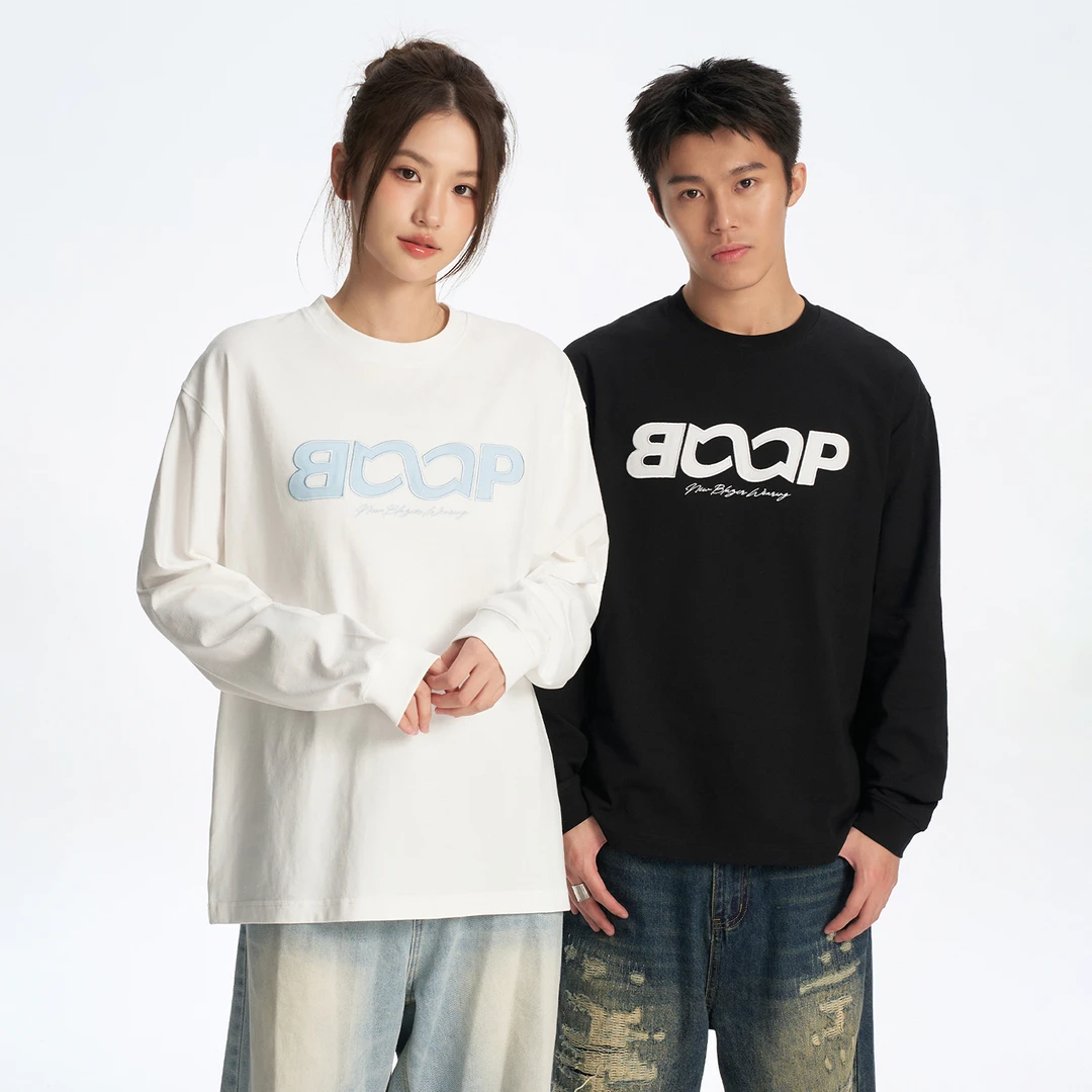 BIPOLAR基础贴布包针绣休闲情侣百搭宽松圆领长袖T恤 11M080