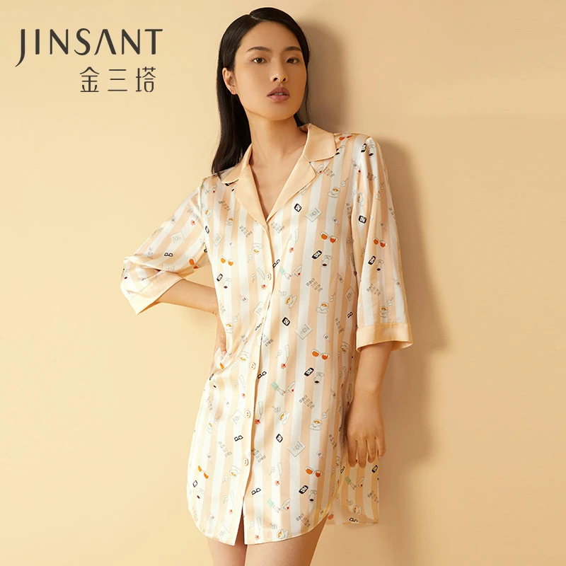 【金三塔官方】100%桑蚕丝真丝印花睡裙女条纹可外穿衬衫式真丝睡衣