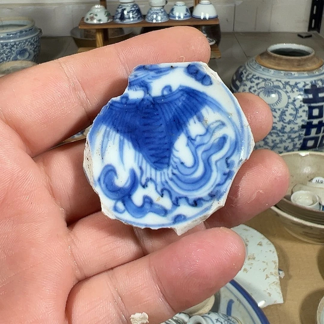 瓷片青花凤凰瓷片标本，全场包邮