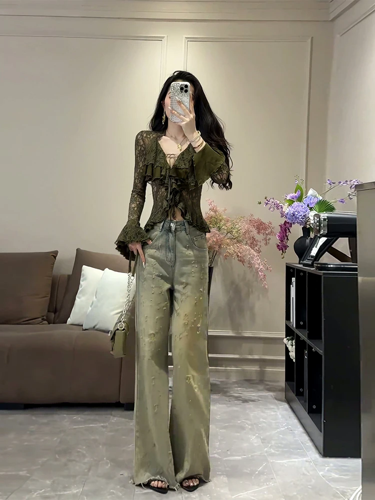 【HANAONI】法式名媛设计感绑带荷叶边蕾丝衫阔腿裤