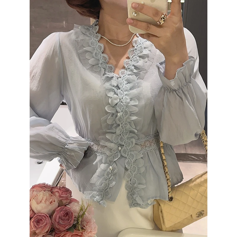【双11清仓】【蓝岛花海】春夏气质褶皱V领蕾丝花边衬衫Z525X04937