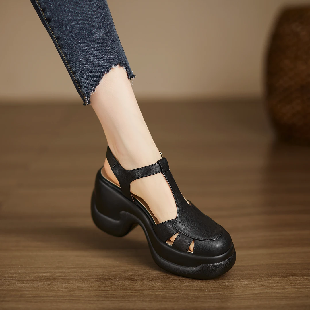 小个子增高9.5cm~厚底高跟凉鞋女夏新款镂空包头罗马凉鞋百搭鞋子