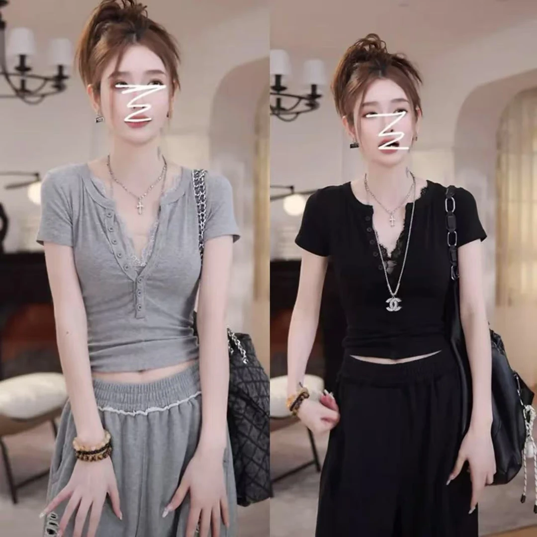 2025夏季新款灰色假两件蕾丝拼接短袖t恤显瘦修身内搭短袖上衣