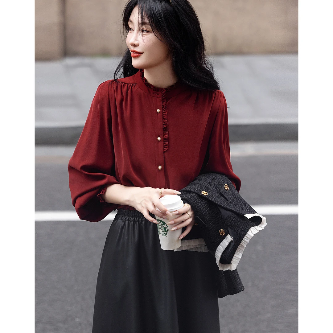 【小云总专属】德·玛纳法式荷叶边立领抓皱亮感衬衫抽褶衬衣女上衣