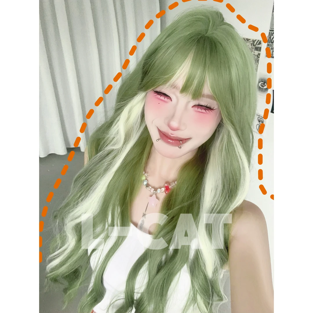 [青苹果]牛油果绿挑染灰白色平刘海大波浪卷假发女潮色全头套整顶