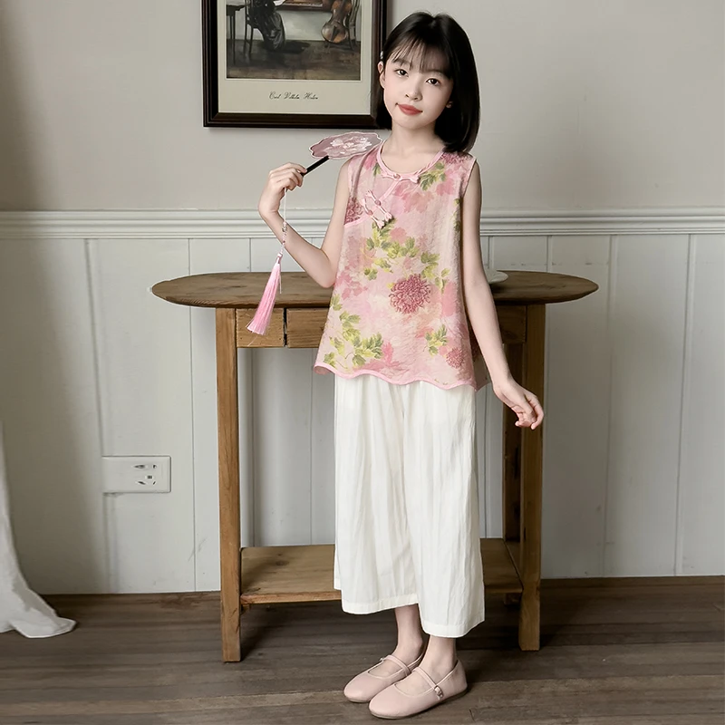 女童无袖中国风阔腿裤套装2025夏季中大童新中式背心碎花盘扣裙裤