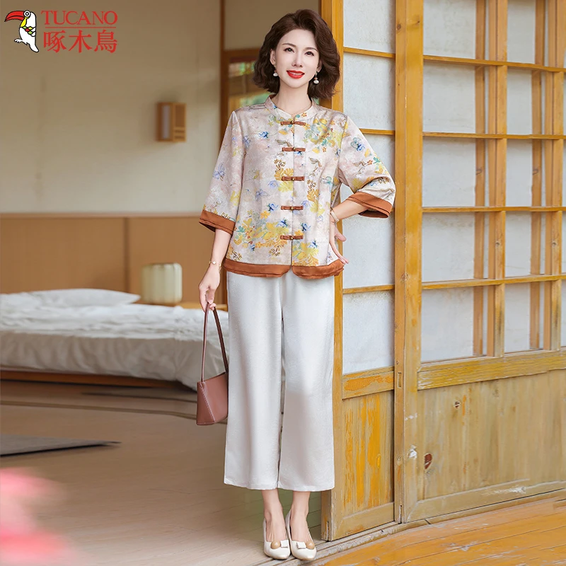 啄木鸟母亲节妈妈夏装套装中年女新中式印花上衣中老年薄款两件套