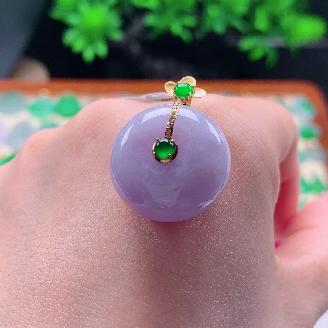 天然缅甸翡翠18k镶嵌紫色平安扣吊坠902尺寸21.3x11.6（下单咨询）