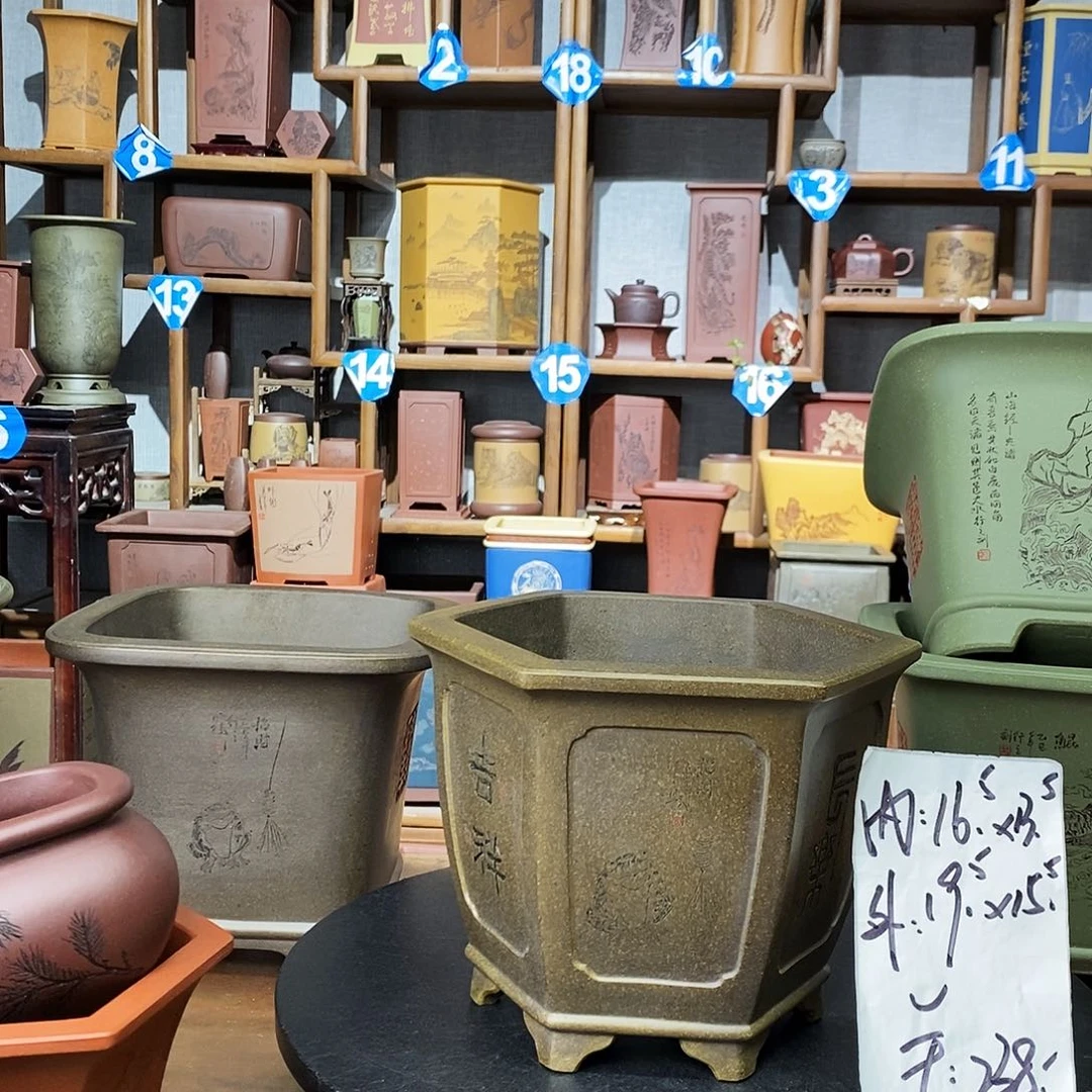 紫砂花盆鲨皮青六方精工