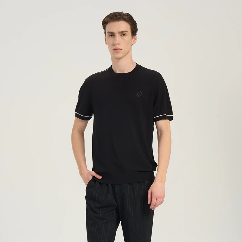 RARE威雅男装2025春夏新款圆领T恤刺绣工艺干爽透气黑色短袖毛衫