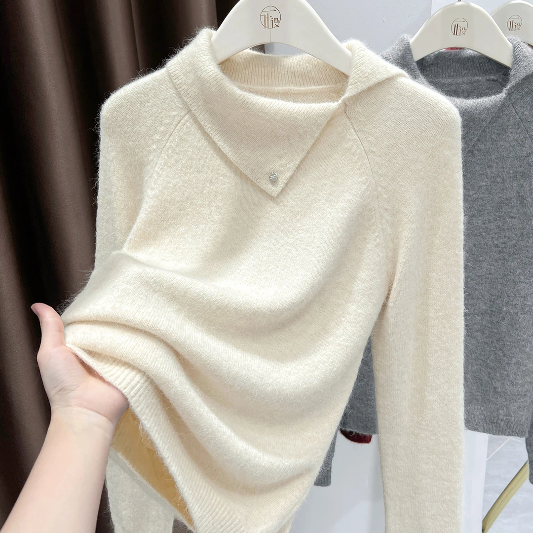 杏色小香风针织磨毛打底衫女装长袖2026新款独特漂亮翻领设计上衣